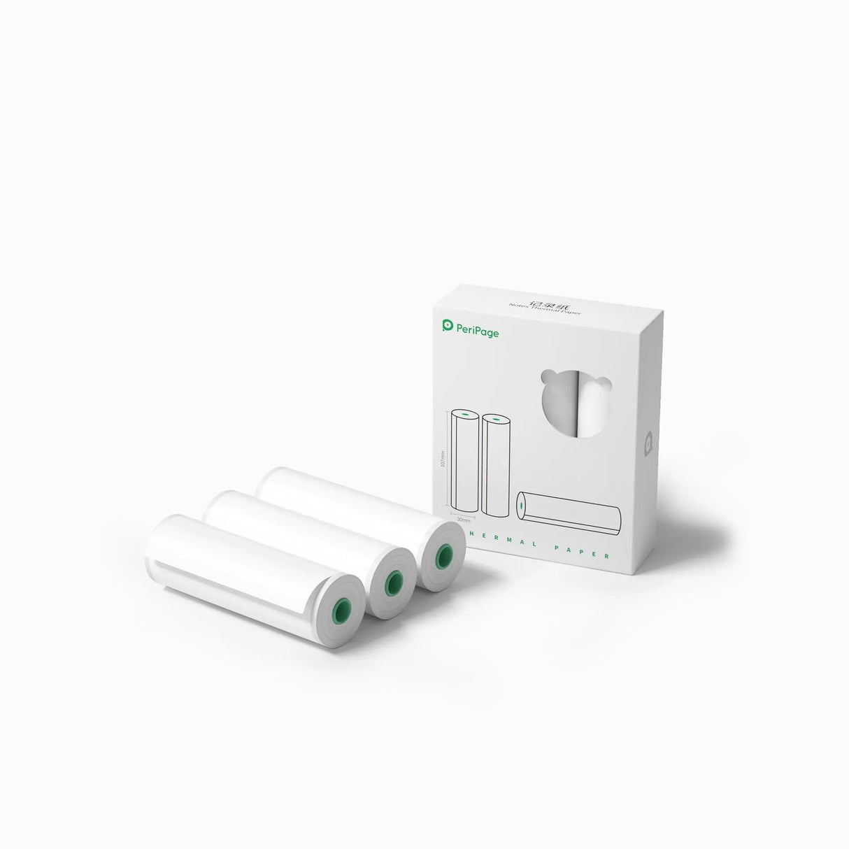 PeriPage 107×30mm White Thermal Paper, 3 rolls per box, each roll 7m long, perfect for use with PeriPage printers for printing notes and documents