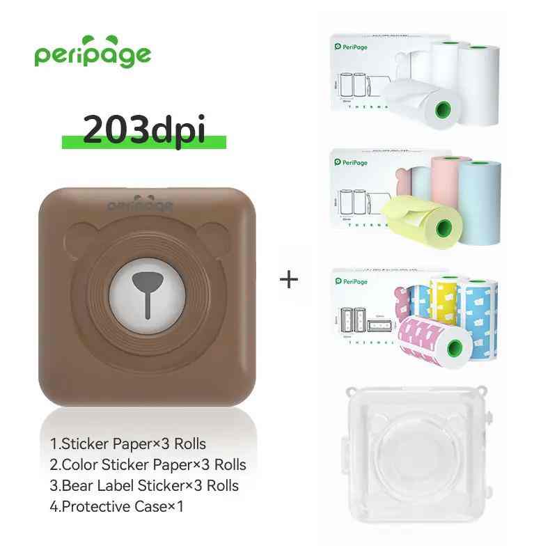 PeriPage brown 203dpi printer full accessories set with sticker paper, color sticker paper, bear label sticker, and clear protective case