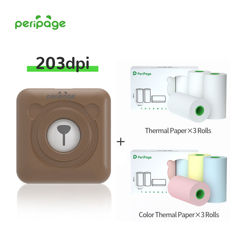 PeriPage brown 203dpi thermal printer set with 3 rolls white thermal paper and 3 rolls color thermal paper for printing photos and notes