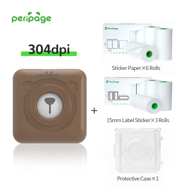 PeriPage 304dpi brown printer package with 6 rolls sticker paper, 3 rolls 15mm label sticker, and protective transparent case