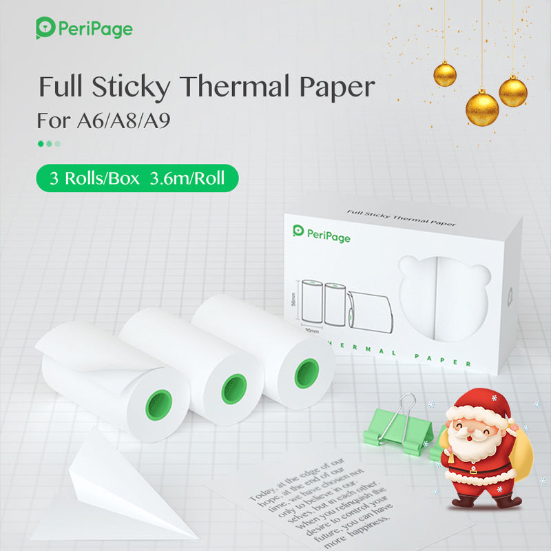 PeriPage Full Sticky Thermal Paper for A6/A8/A9, 3 rolls per box, each roll 3.6m long, ideal for sticking printed notes
