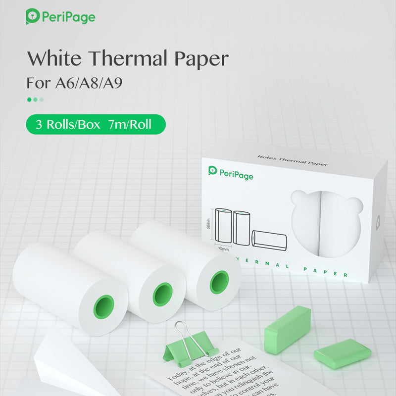 PeriPage White Thermal Paper for A6, A8, and A9, with 3 rolls per box, each roll 7m long, perfect for printing notes and documents