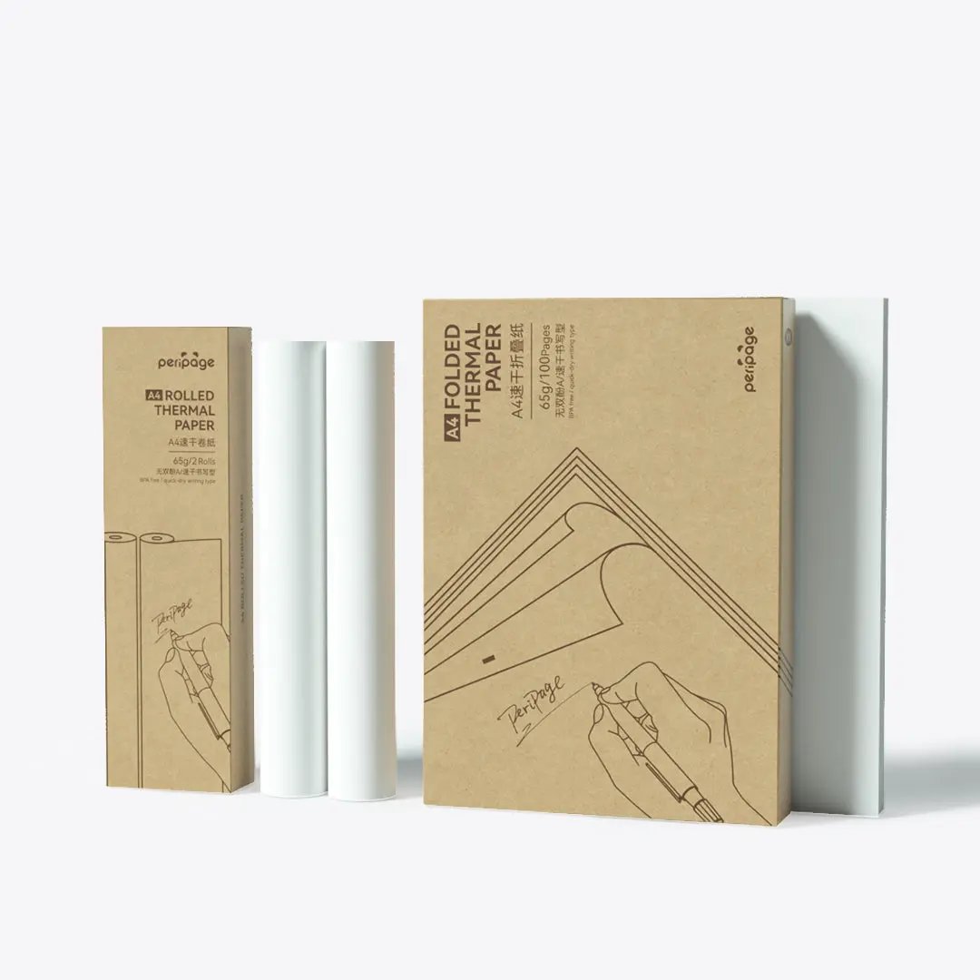 PeriPage A40 thermal paper rolls and folded sheets packaging on white background