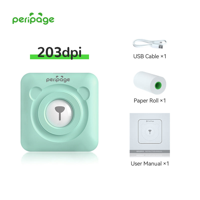 PeriPage A6 203dpi mint green portable printer set with USB cable, one paper roll, and instruction manual for everyday printing