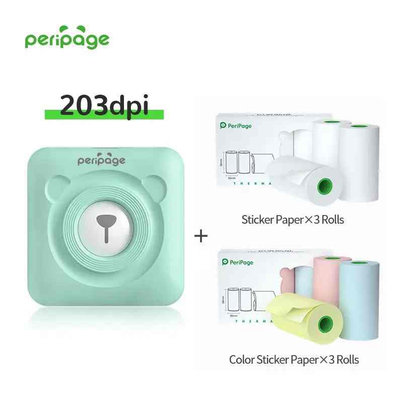 PeriPage A6 203dpi mint green portable printer bundle with 3 rolls of white sticker paper and 3 rolls of color sticker paper for labels and decorations