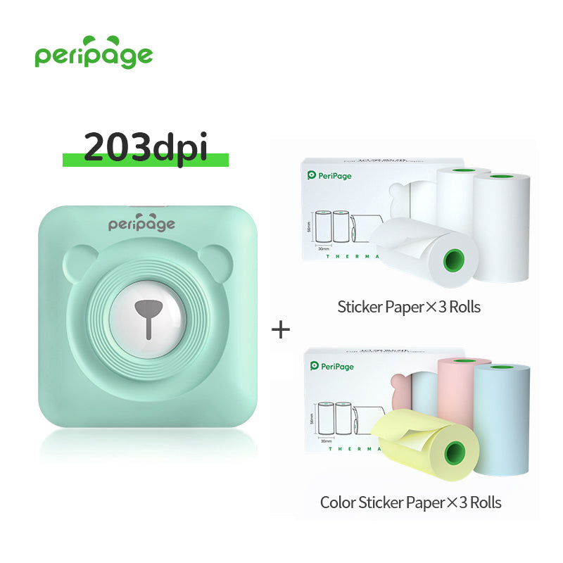 PeriPage A6 203dpi mint green portable printer bundle with 3 rolls of white sticker paper and 3 rolls of color sticker paper for labels and decorations
