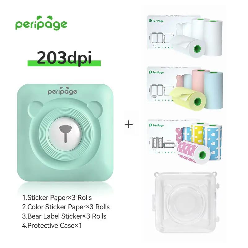 PeriPage A6 304dpi mint green portable printer set with USB cable, one paper roll, and user manual for high-resolution printing