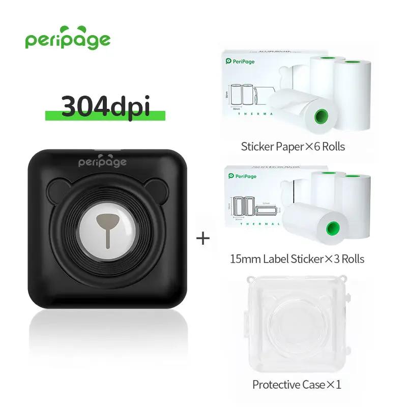 PeriPage A6 304dpi black thermal printer set including 6 rolls of sticker paper, 3 rolls of 15mm label paper, and 1 transparent protective case. Bluetooth mini printer for notes, study, and labeling