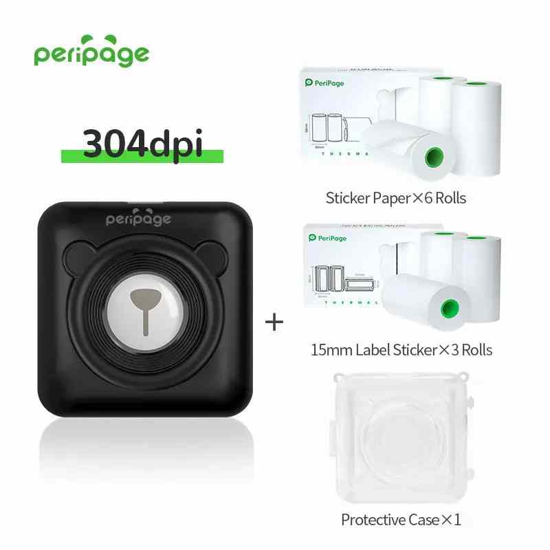 PeriPage A6 304dpi black thermal printer set including 6 rolls of sticker paper, 3 rolls of 15mm label paper, and 1 transparent protective case. Bluetooth mini printer for notes, study, and labeling