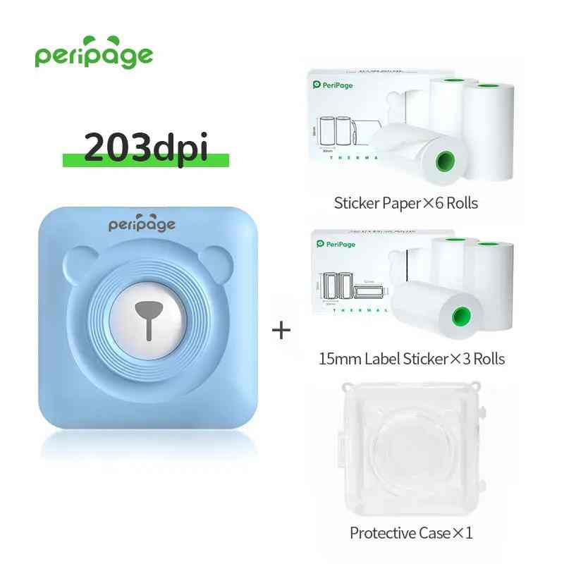 PeriPage A6 Blue 203dpi Bluetooth Printer set with 6 sticker paper rolls, 3 label sticker rolls, and protective case, compact thermal printer for home office