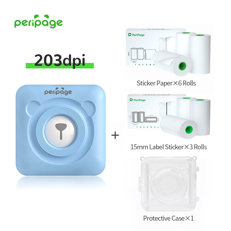 PeriPage A6 Blue 203dpi Bluetooth Printer set with 6 sticker paper rolls, 3 label sticker rolls, and protective case, compact thermal printer for home office
