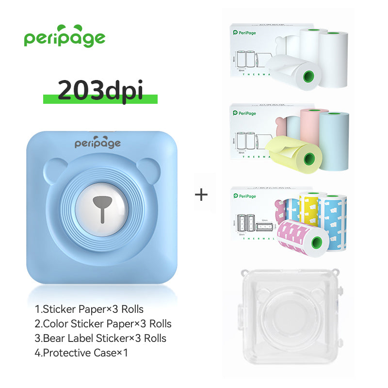PeriPage A6 Blue 203dpi Portable Printer bundle including sticker paper, color sticker paper, bear label stickers, and transparent protective case