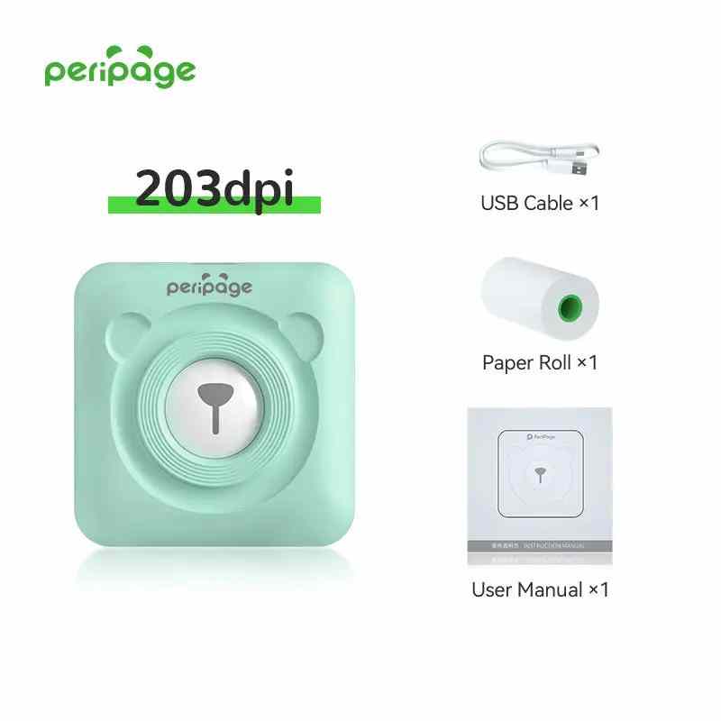 PeriPage A6 Green 203DPI Mini Bluetooth Thermal Printer basic package including USB cable, sample paper roll, and user manual for easy portable printing
