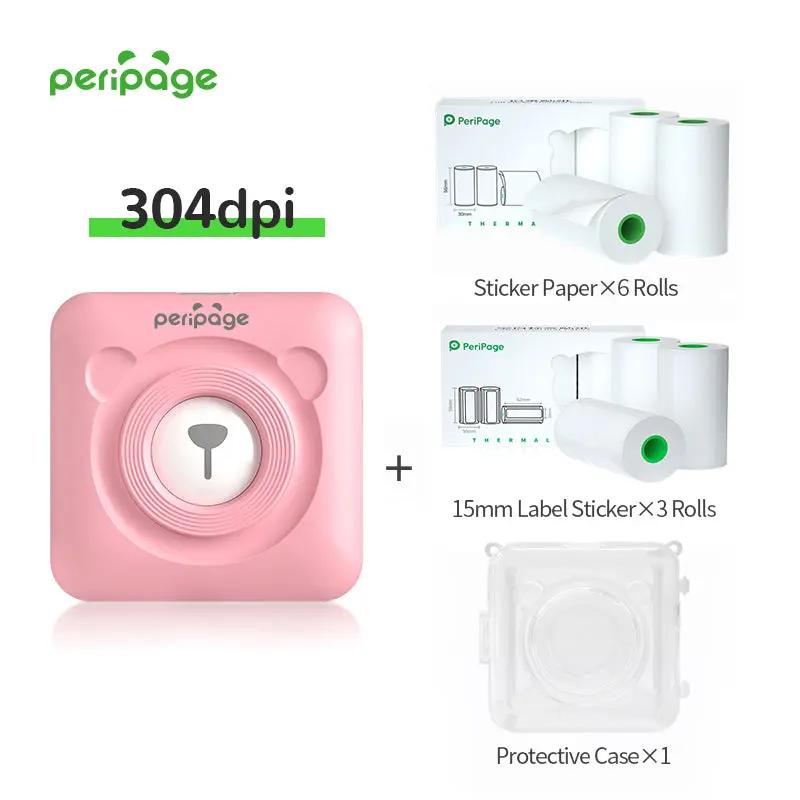 PeriPage A6 pink 304dpi thermal printer bundle with 6 rolls of sticker paper, 3 rolls of 15mm label paper, and 1 transparent protective case. Wireless portable printer for study and office use