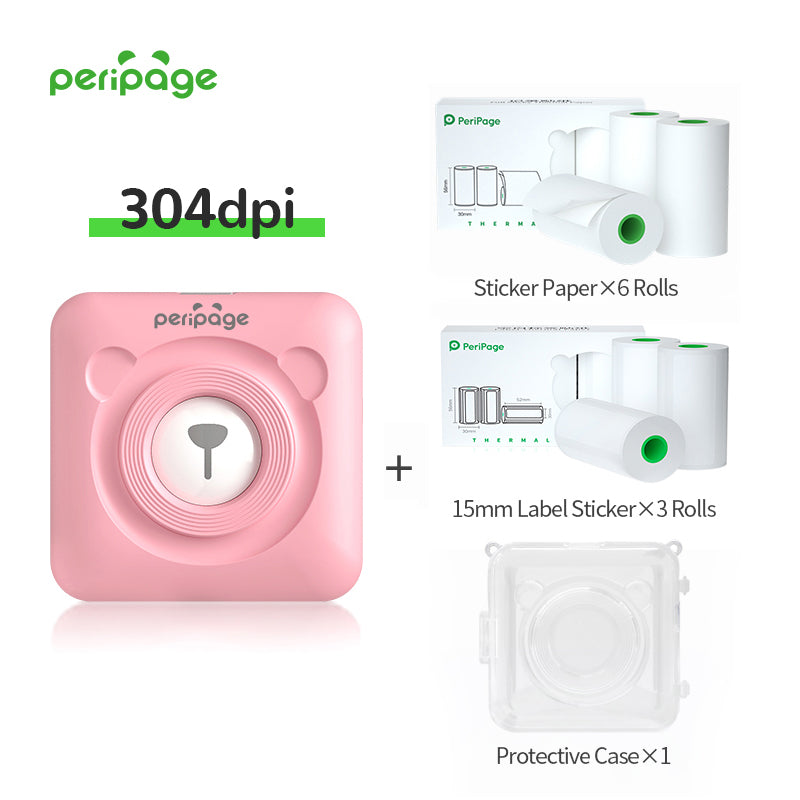 PeriPage A6 pink 304dpi thermal printer bundle with 6 rolls of sticker paper, 3 rolls of 15mm label paper, and 1 transparent protective case. Wireless portable printer for study and office use