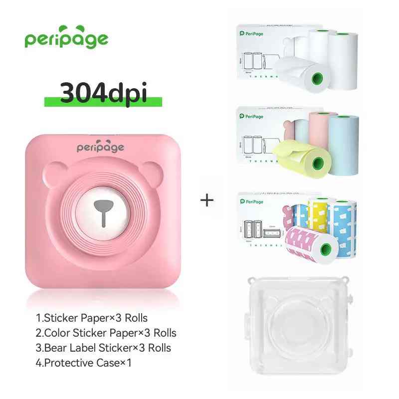 PeriPage A6 pink Bluetooth mini thermal printer combo (304dpi) with 3 rolls of sticker paper, 3 rolls of color sticker paper, 3 rolls of bear label paper, and 1 protective case. Compact printer for creative labeling