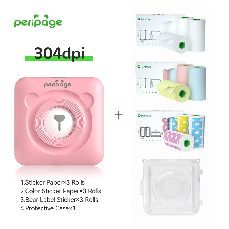 PeriPage A6 pink Bluetooth mini thermal printer combo (304dpi) with 3 rolls of sticker paper, 3 rolls of color sticker paper, 3 rolls of bear label paper, and 1 protective case. Compact printer for creative labeling