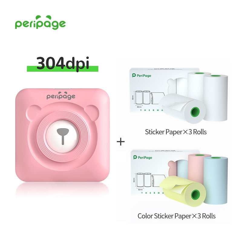 PeriPage A6 pink mini Bluetooth printer (304dpi) including 3 rolls of sticker paper and 3 rolls of colored sticker paper. Portable printer for journaling, crafts, and labeling