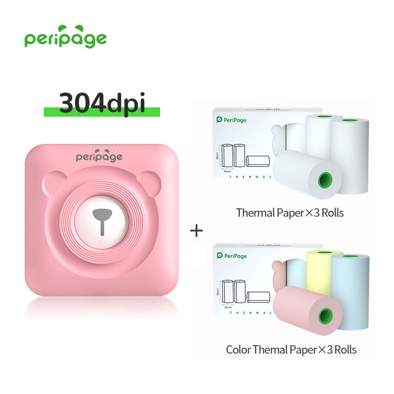 Pink PeriPage A6 Bluetooth thermal printer (304dpi) with 3 rolls of thermal paper and 3 rolls of colored thermal paper. Compact mini printer for mobile photo and text printing.