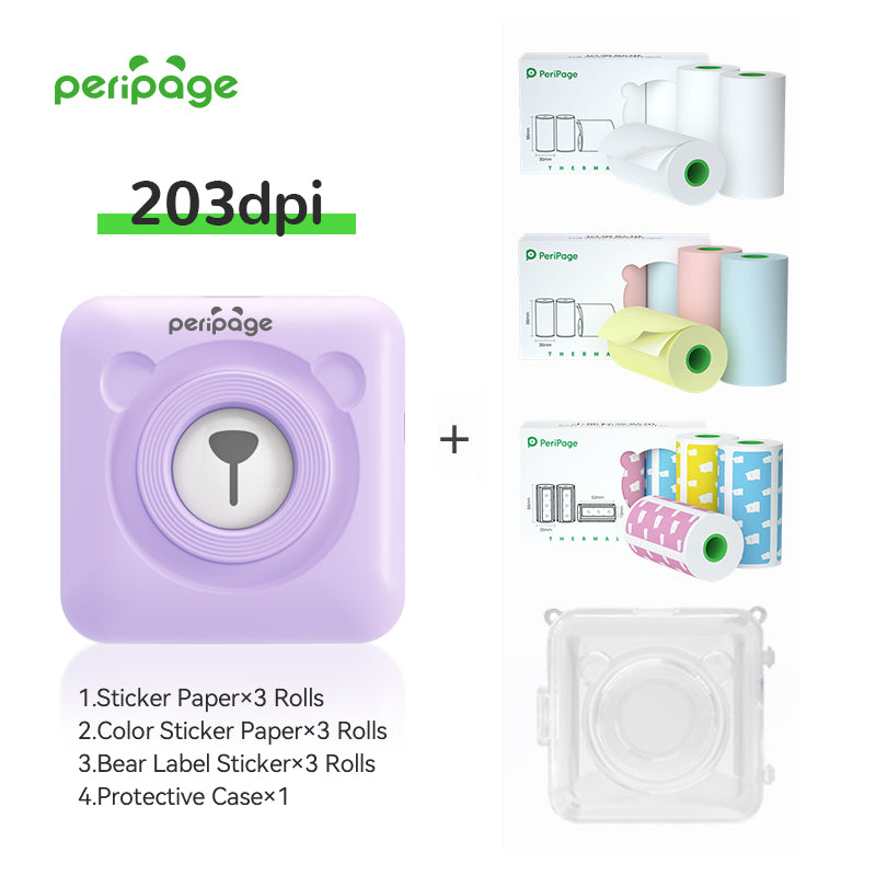 PeriPage A6 purple 203dpi Bluetooth printer full set with 3 rolls of sticker paper, 3 rolls of color sticker paper, 3 bear label rolls, and a protective case — all-in-one thermal printing kit