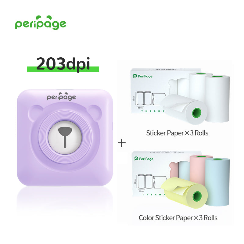 PeriPage A6 purple 203dpi Bluetooth printer bundle with 3 rolls of white sticker paper and 3 rolls of color sticker paper — compact label and sticker maker