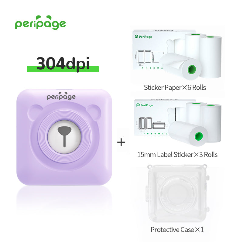 PeriPage A6 purple 304dpi portable printer set including 6 rolls of sticker paper, 3 rolls of 15mm label stickers, and a protective clear case — wireless mini label maker