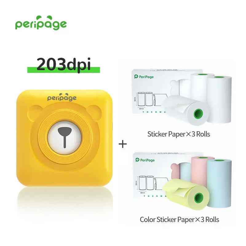 PeriPage A6 Yellow 203DPI Bluetooth Thermal Printer bundle with 3 rolls of sticker paper and 3 rolls of colorful sticker paper, perfect for journaling and creative printing