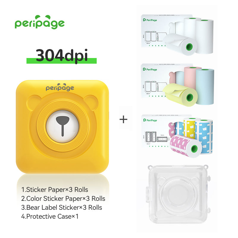 PeriPage A6 Yellow 304DPI Bluetooth Printer bundle with sticker paper, colorful sticker rolls, bear labels, and protective case — compact and travel-friendly