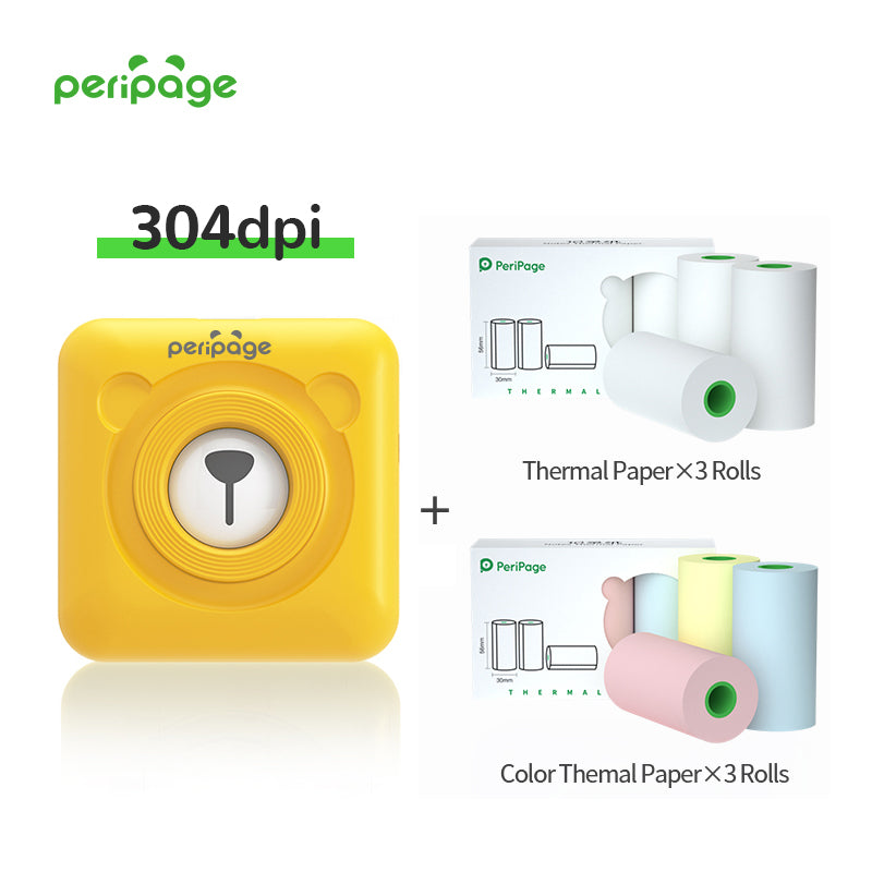 PeriPage A6 Yellow 304DPI High-Resolution Bluetooth Thermal Printer with 3 rolls of thermal paper and 3 rolls of colorful printing paper, perfect for creative projects