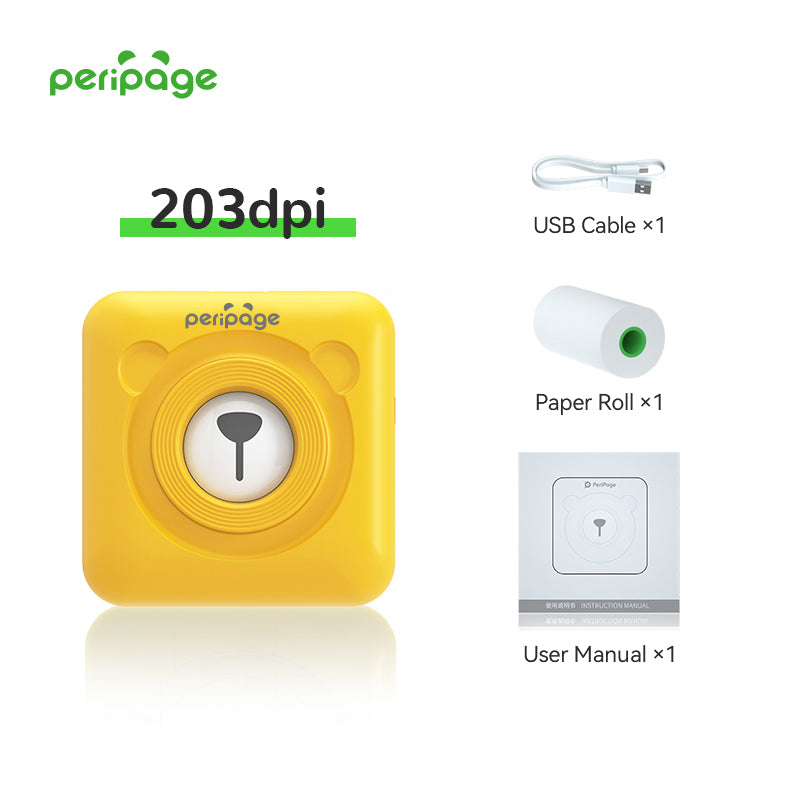 PeriPage A6 Mini Bluetooth Portable Thermal Printer in yellow, 203dpi resolution, shown with USB cable, thermal paper roll, and user manual. Cute bear-shaped thermal printer for photos, notes, and labels