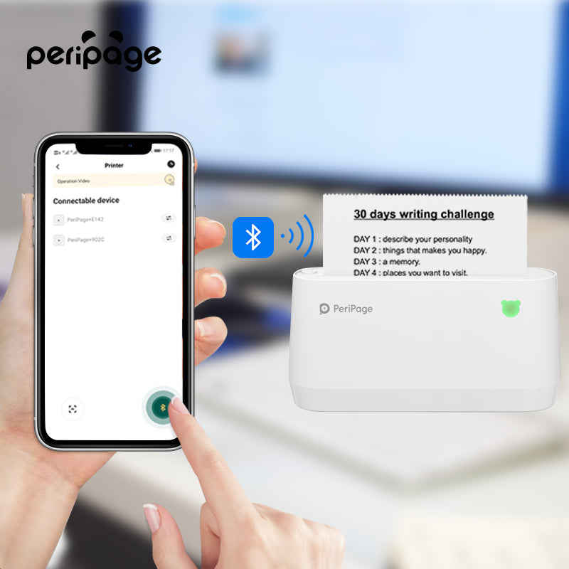 Smartphone connecting to PeriPage A9 Max via Bluetooth to print 30 days writing challenge list