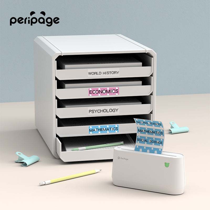 PeriPage A9 Max thermal printer printing colorful study labels like “Mathematics” and “Economics” for file organization