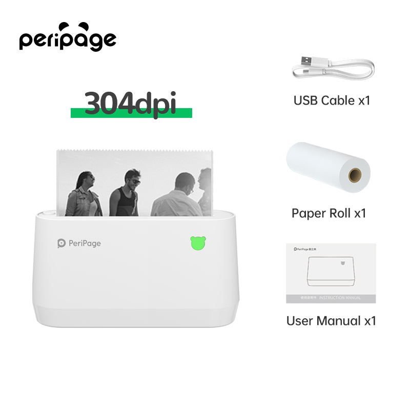 Full PeriPage A9 Max printer set including charging cable, paper roll, and user guide