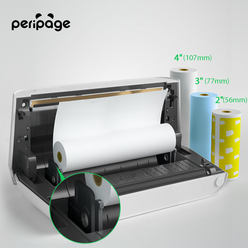 PeriPage A9 Max thermal printer showing compatible paper roll sizes 2-inch, 3-inch, and 4-inch for versatile printing