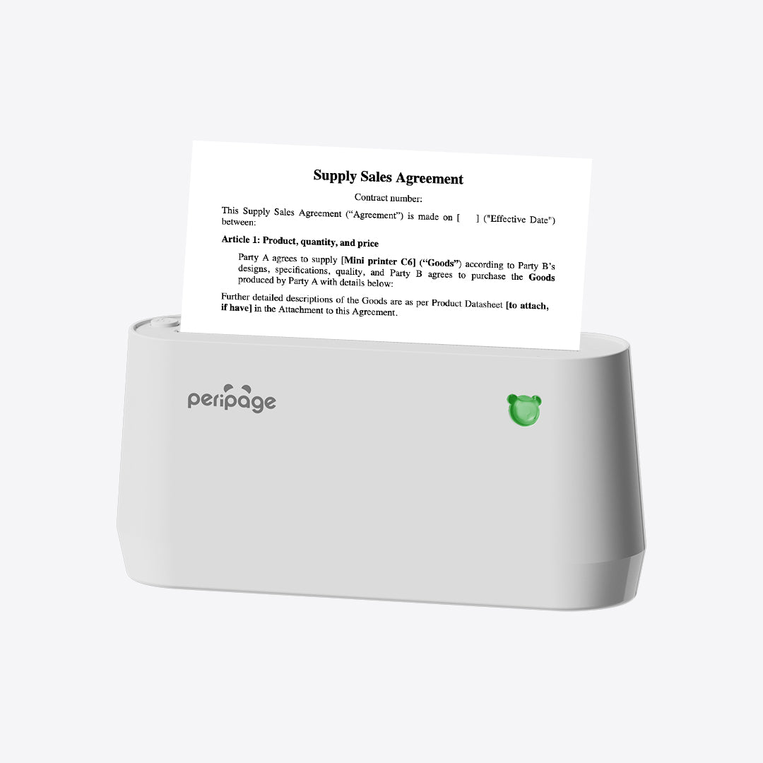 PeriPage A9 Max mini printer printing supply sales agreement document with high-definition inkless printing.