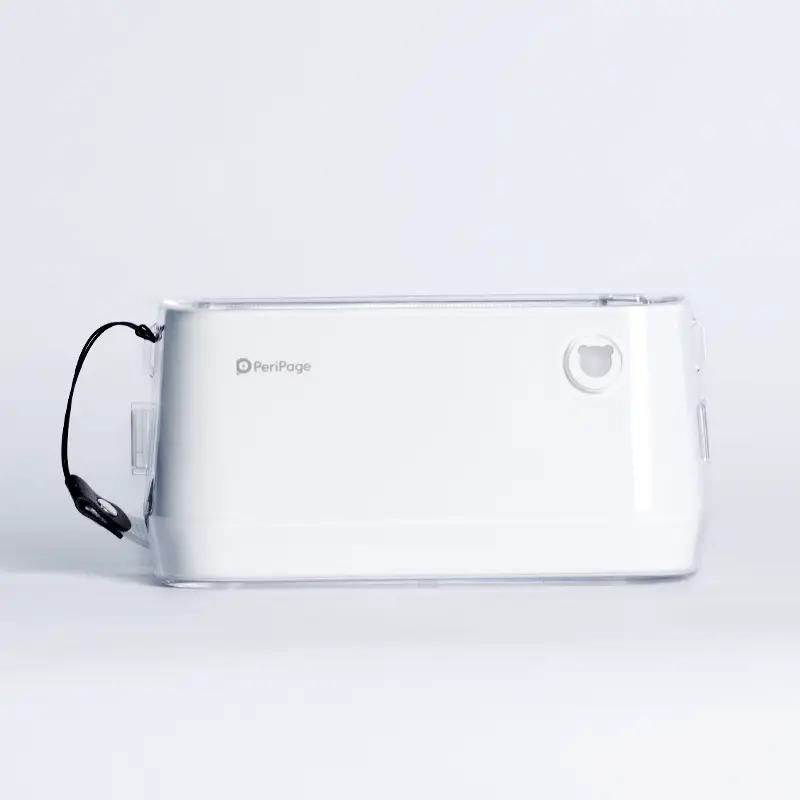 Transparent PeriPage A9 Max protective case with nylon carrying strap on white background