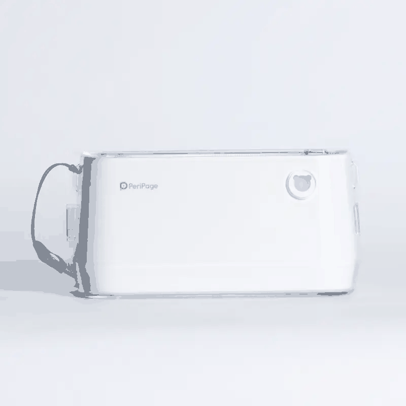 Transparent PeriPage A9 Max protective case with nylon carrying strap on white background