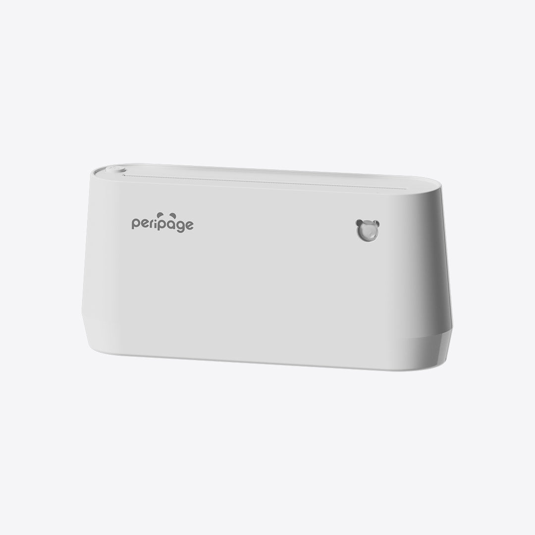 Sleek white PeriPage A9 Max mini thermal printer front view showing minimalist inkless design