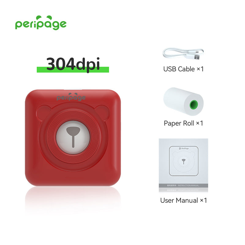 PeriPage A9 Red 304dpi Mini Pocket Printer with USB cable, paper roll, and user manual. High-resolution portable thermal printer for photos and notes
