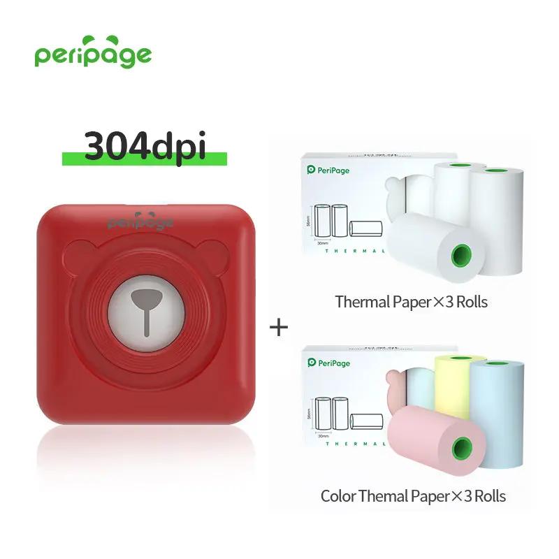 PeriPage A9 Red 304dpi Printer with 3 rolls of thermal paper and 3 rolls of color thermal paper. Compact Bluetooth thermal printer for mobile printing