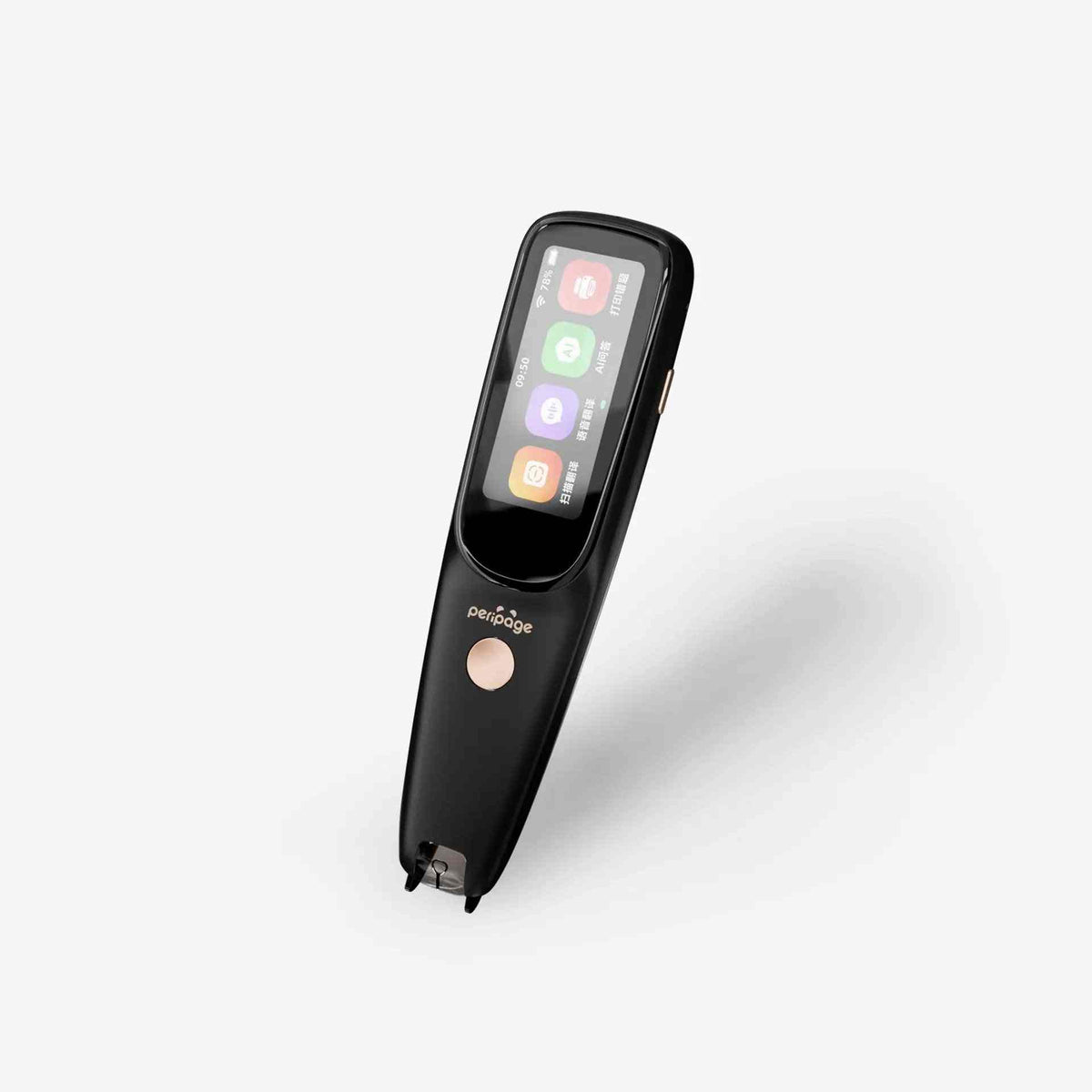 Close-up image of PeriPage D2S Translation Pen, showcasing its compact design and 2.23-inch touch screen interface for easy translation