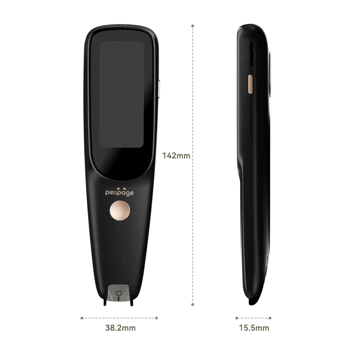 PeriPage D2S Translation Pen showing its compact size with detailed dimensions: 142mm length, 38.2mm width, and 15.5mm thickness, perfect for portability