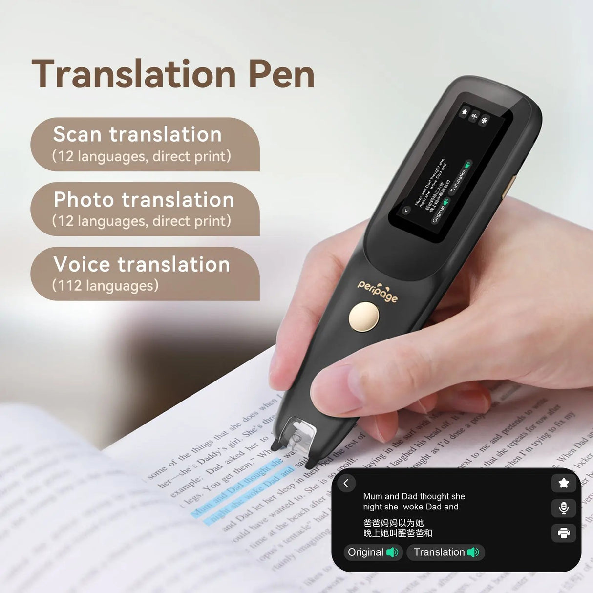 PeriPage D2S Translation Pen in action scanning and translating text from a book with its built-in scanning function and clear digital interface