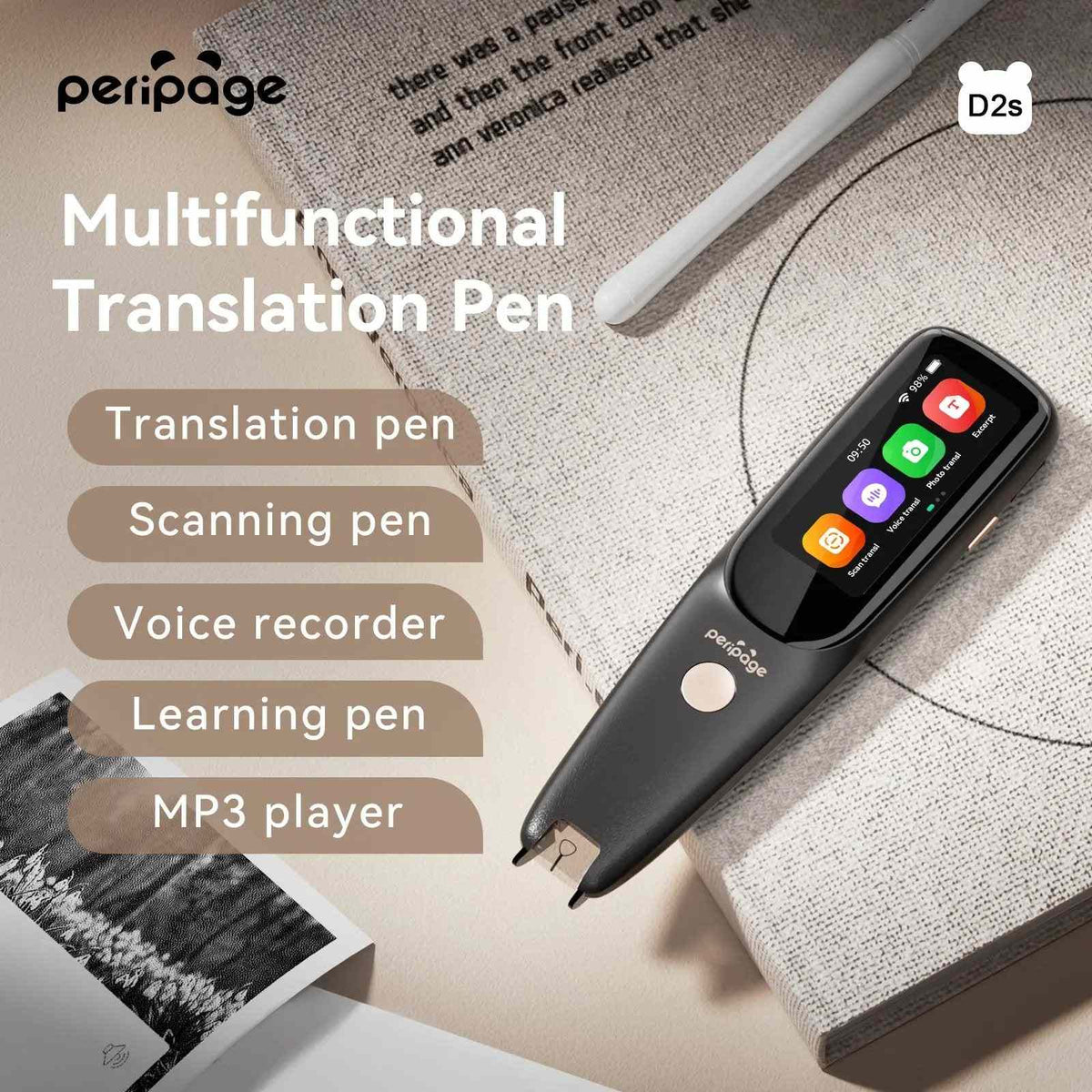 PeriPage D2S Translation Pen scanning text for translation, showing the digital screen displaying the original and translated tex