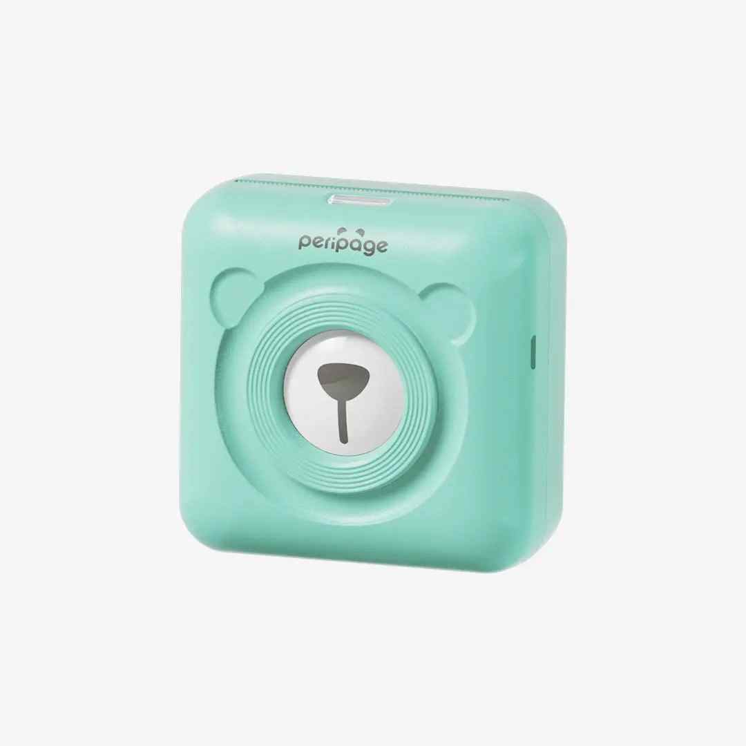 Mint green PeriPage mini thermal printer, small wireless photo and label printer for mobile devices