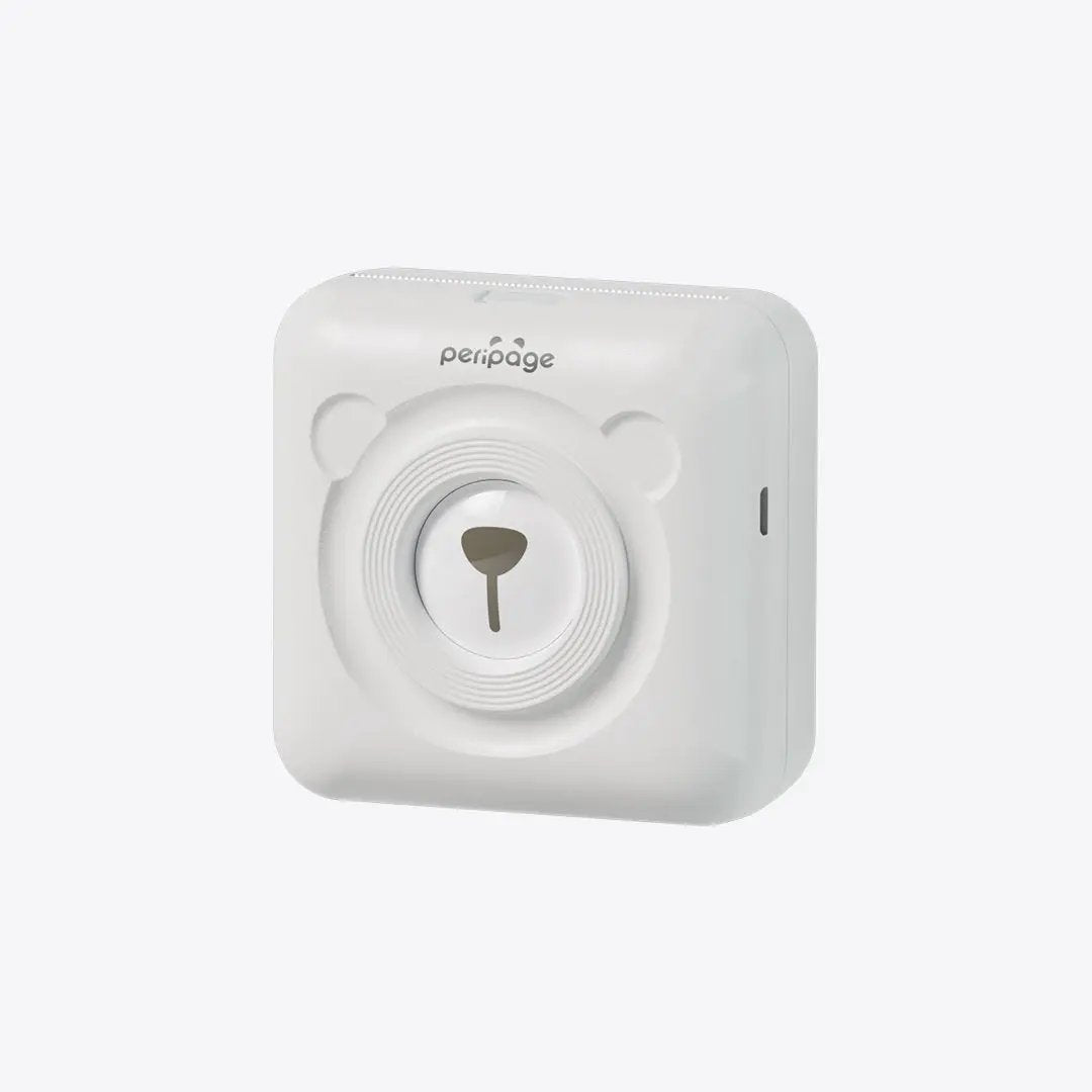 White PeriPage mini thermal printer, pocket-sized Bluetooth printer for clear photo and label printing