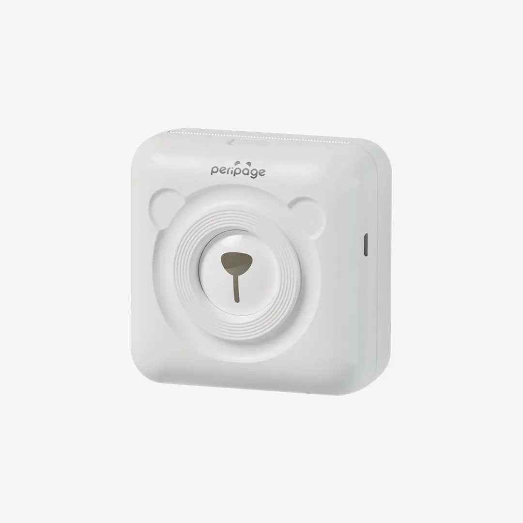 White PeriPage mini thermal printer, pocket-sized Bluetooth printer for clear photo and label printing