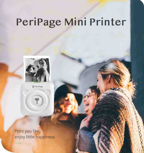 PeriPage A6 Mini Pocket Printer in white on a cozy wooden desk with printed notes and stickers