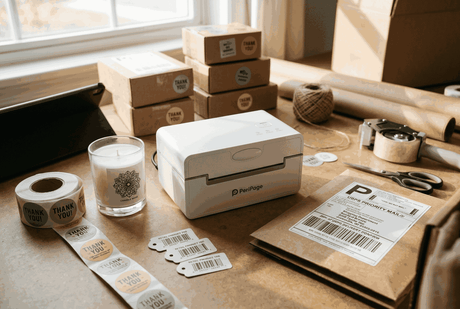 PeriPage PB41 4-Inch Thermal Label Printer printing multiple label sizes including circular thank you stickers and retail barcode tags