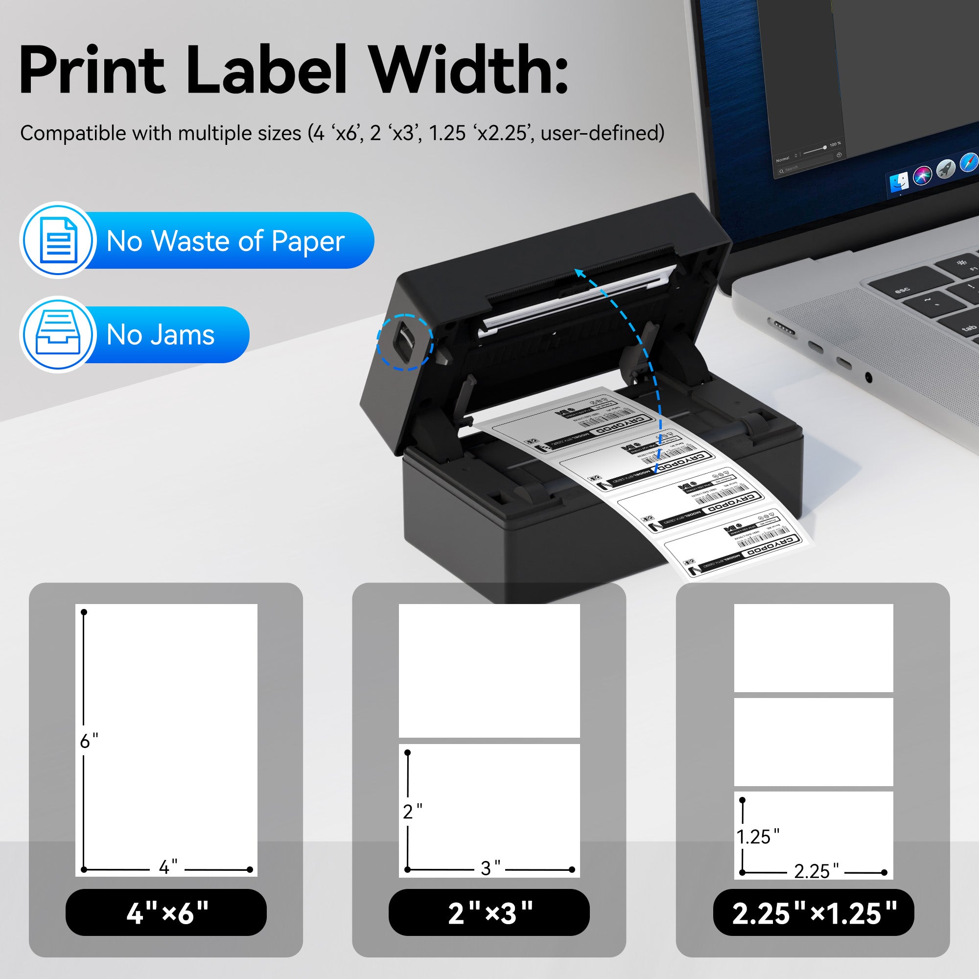 PB 40 Shipping Label Printer in White, designed for effortless shipping label printing across iPhone, iPad, Android, Windows, and Mac devices. The package includes the printer, power adapter, USB cable, cords, and user manuals neatly arranged on a wooden table.